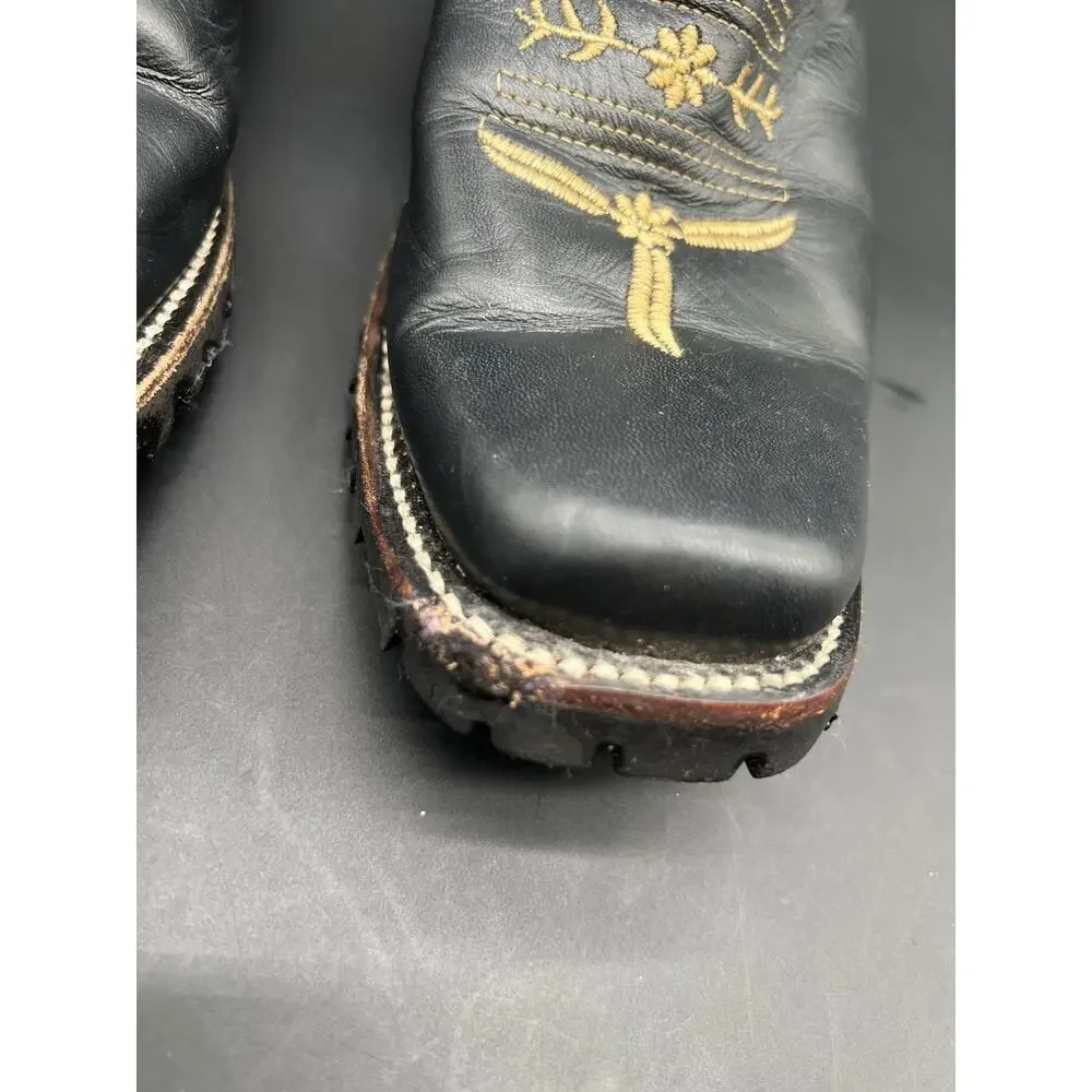 Women’s Genuine Leather Red Rose Black Nobuck Square Toe Western Cowgirl Boot